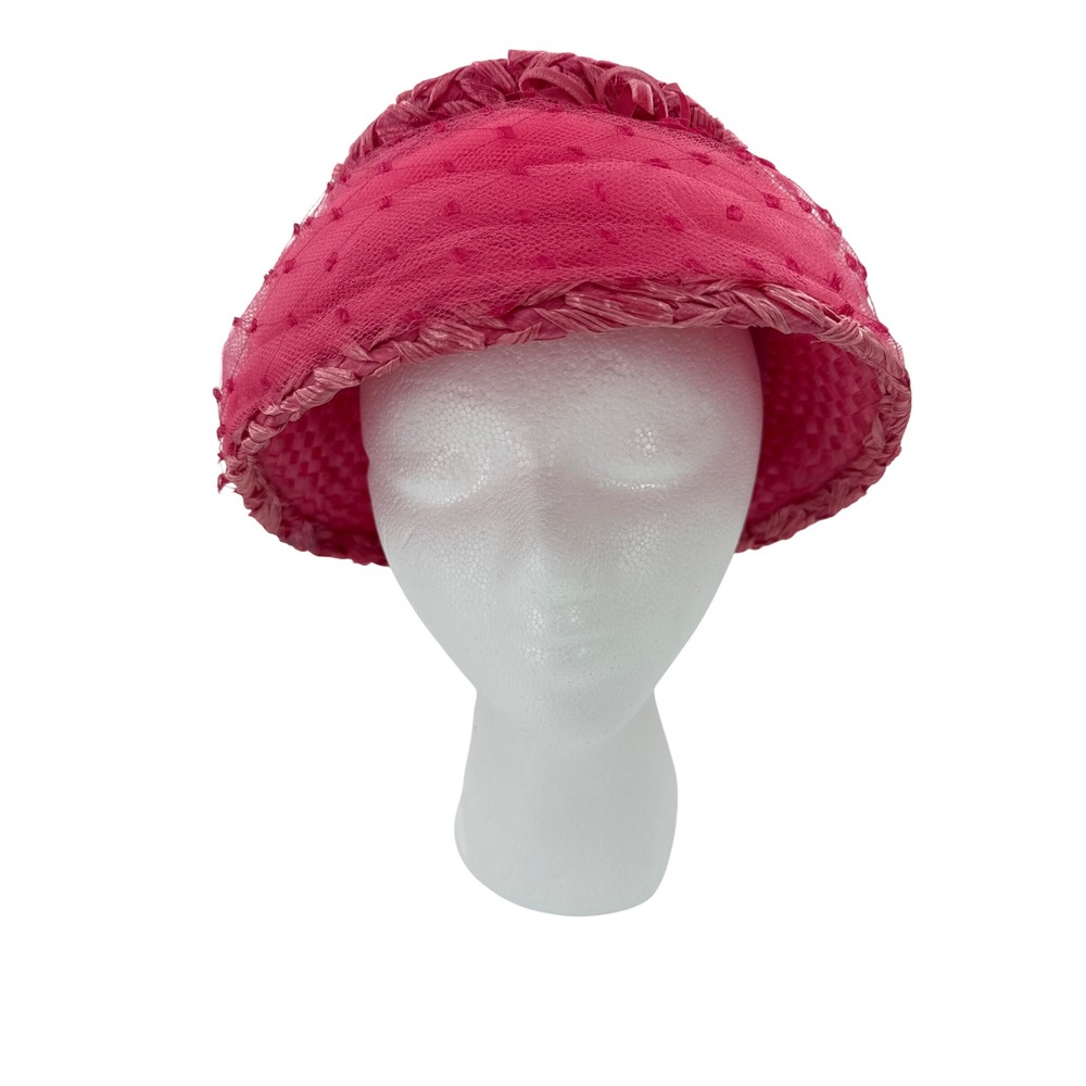 Unbranded Pillbox Hat Women Large Pink Woven Straw Point Desprit Netting Vintage